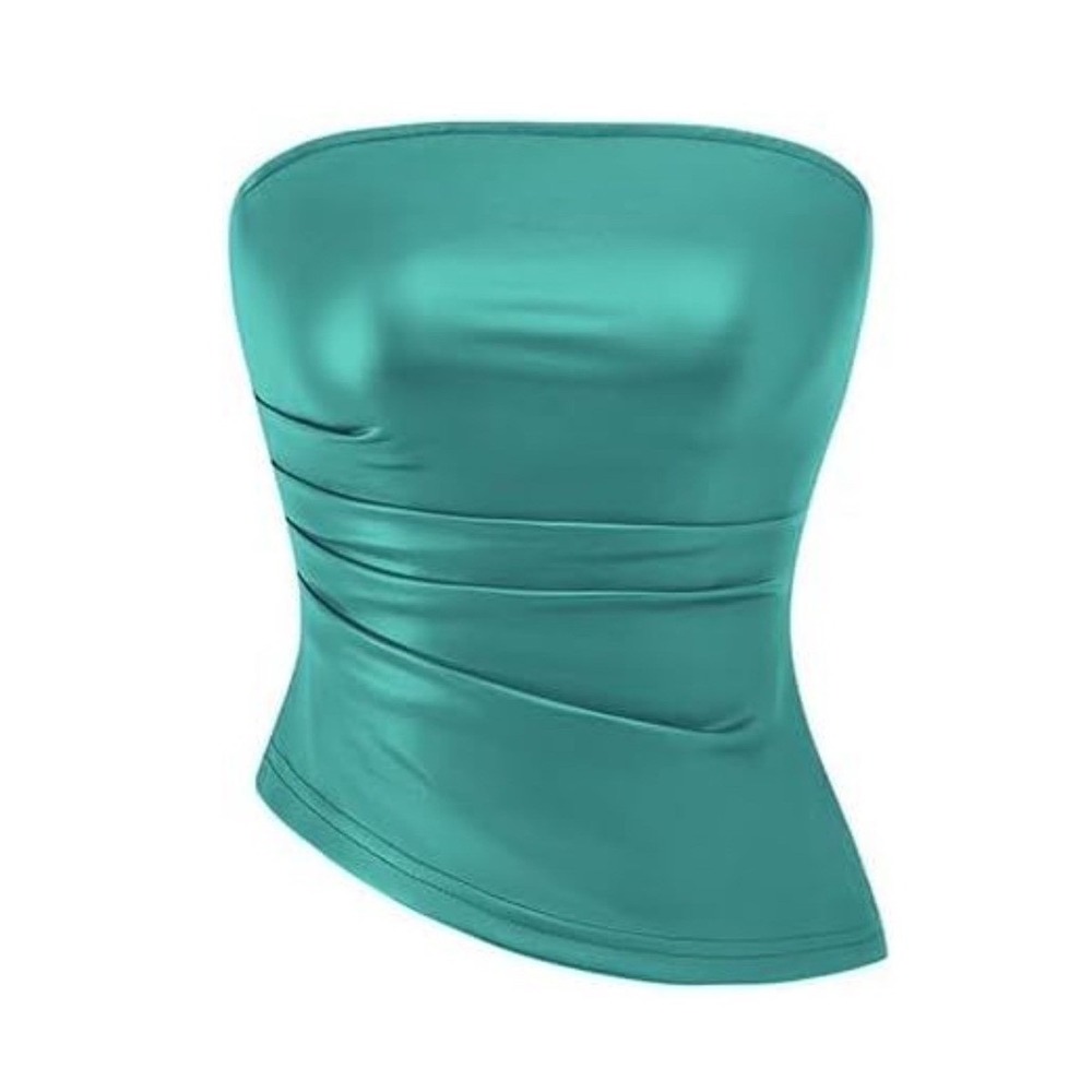 PRETTYGARDEN Women Faux Leather Tube Top Teal Blue Ruched Asymmetrical  New XL